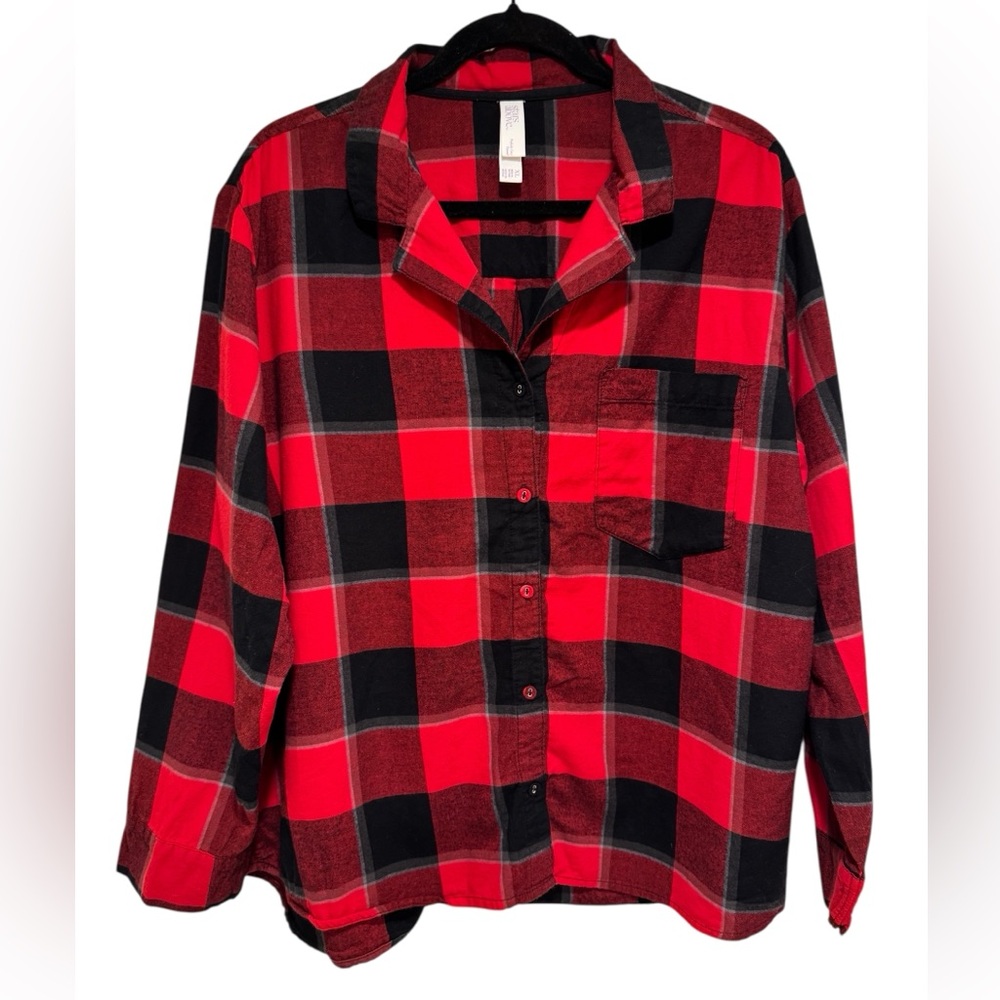 Perfectly Cozy Flannel Button-Down Top, Red Plaid, XL, Stars Above